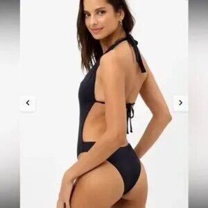 Frankies Bikinis Black Cheeky One-Piece Swimsuit Halter Neck Tie Back Sz XL NWOT